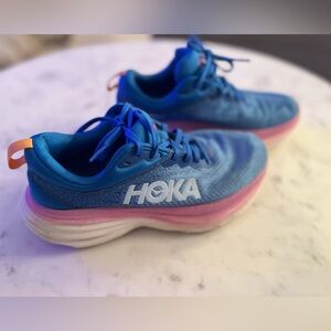Hoka Bondi 8 Vibrant Blue and Pink Athletic Shoes, wide